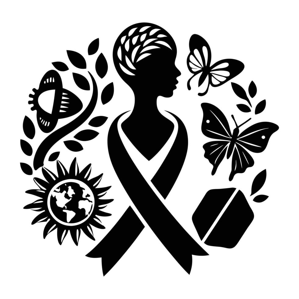 A black and white silhouette of a woman with a ribbon and butterfly vector