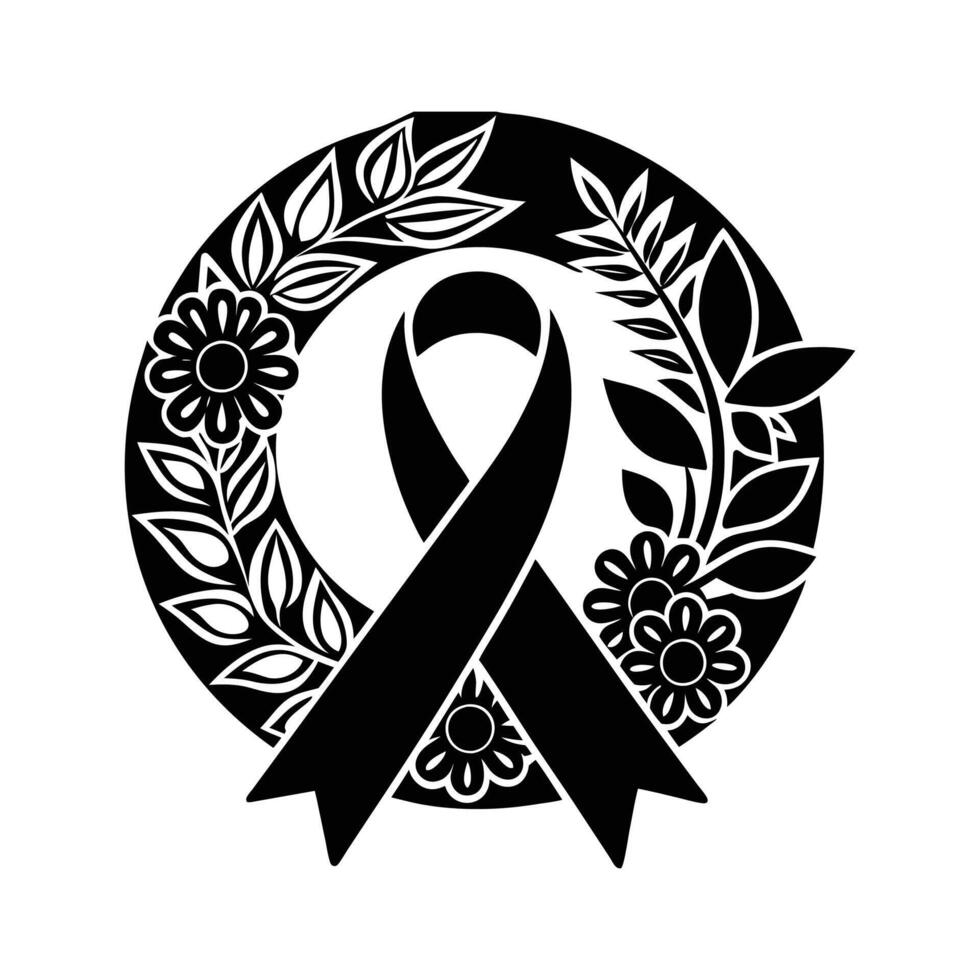 Black awareness ribbon with flowers and leaves vector