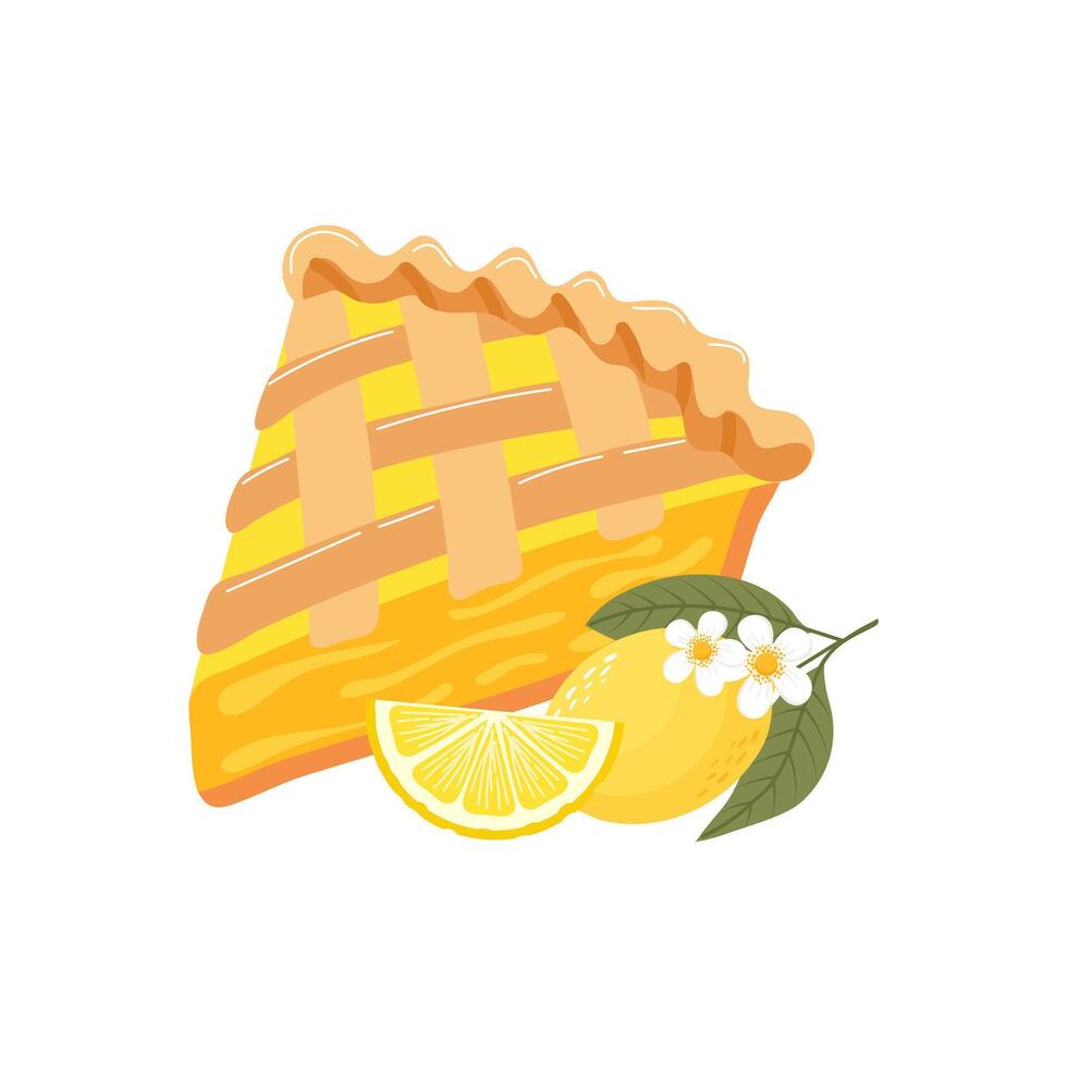Piece of baked lemon pie with lemon, flowers and lemon slices. Food, dessert, sweet. Flat illustration vector