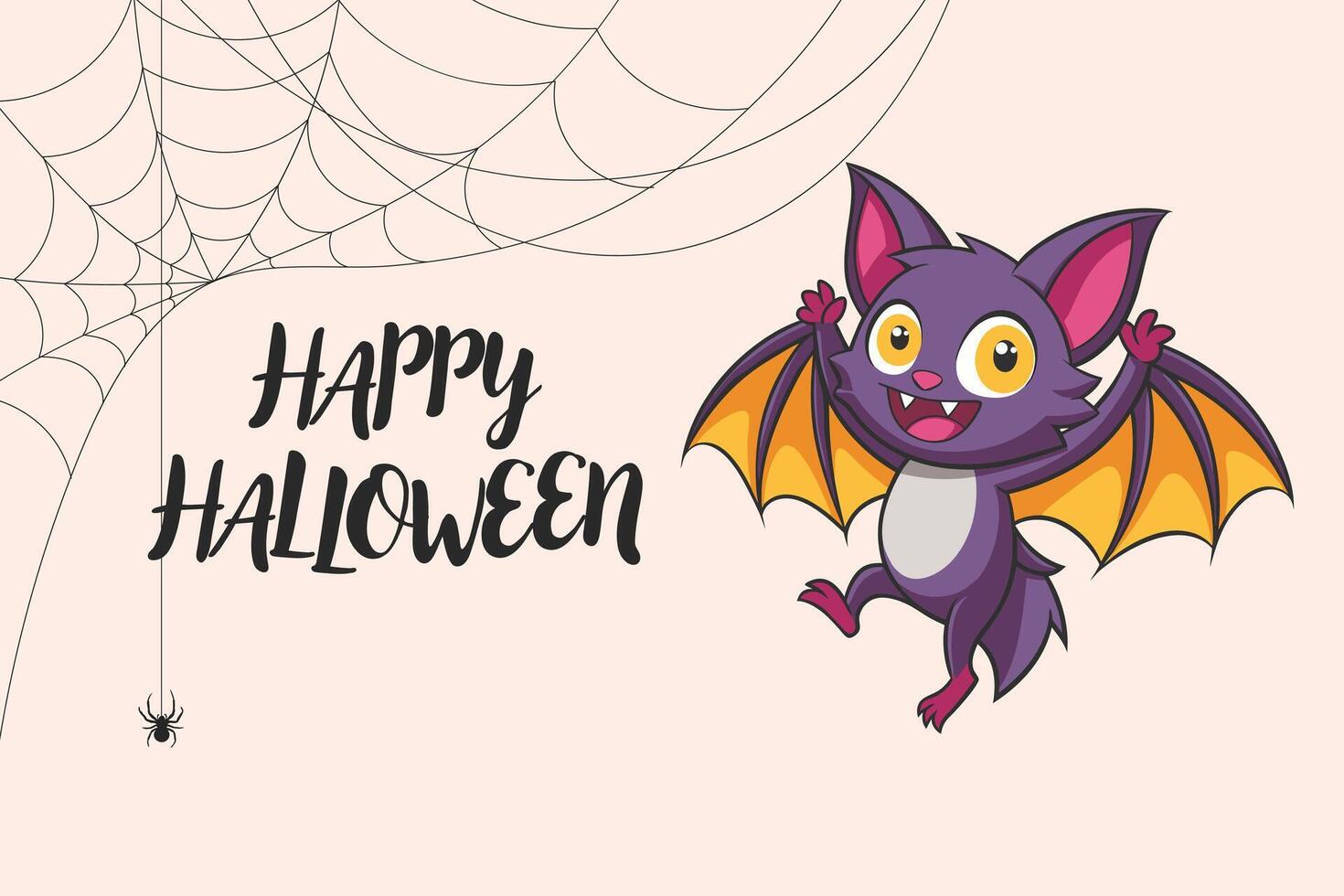 Calligraphy lettering Happy Halloween with cute bat character and spider web. Retro illustration, postcard vector