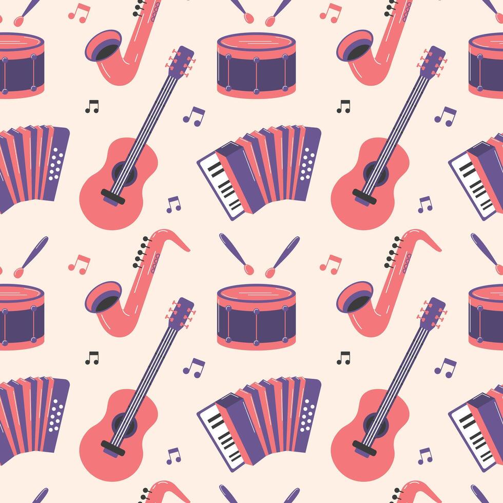 Seamless pattern with different musical instruments. Flat style illustration, background vector