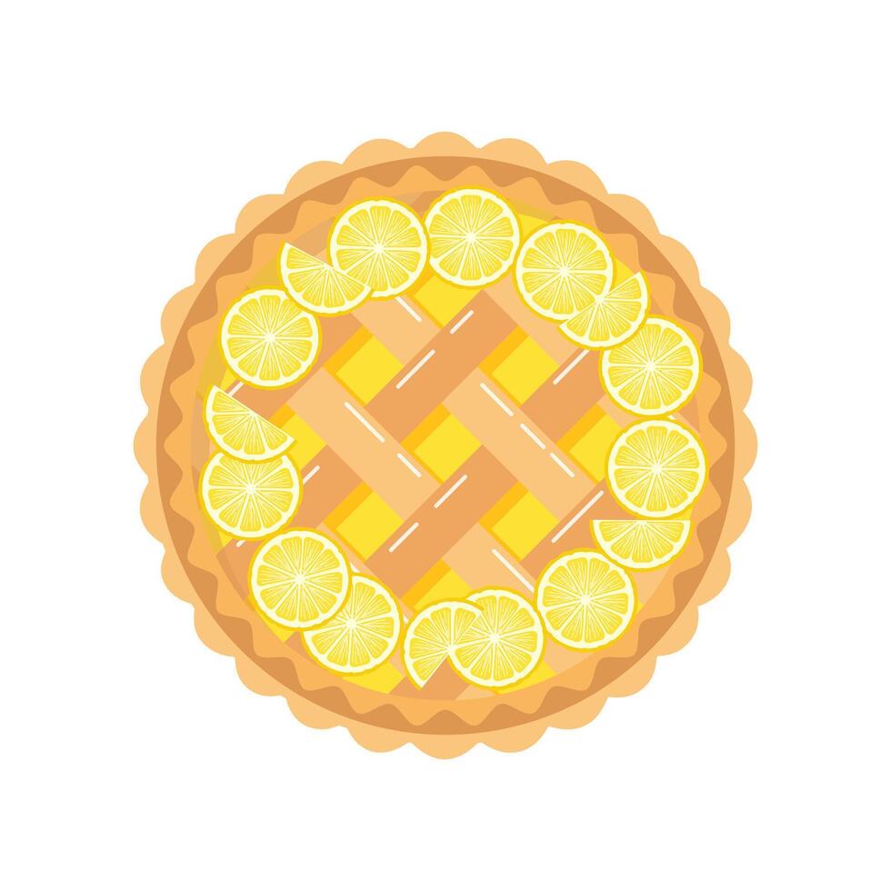 Baked lemon pie with lemon slices, top view. Food, dessert, sweet. Flat illustration vector