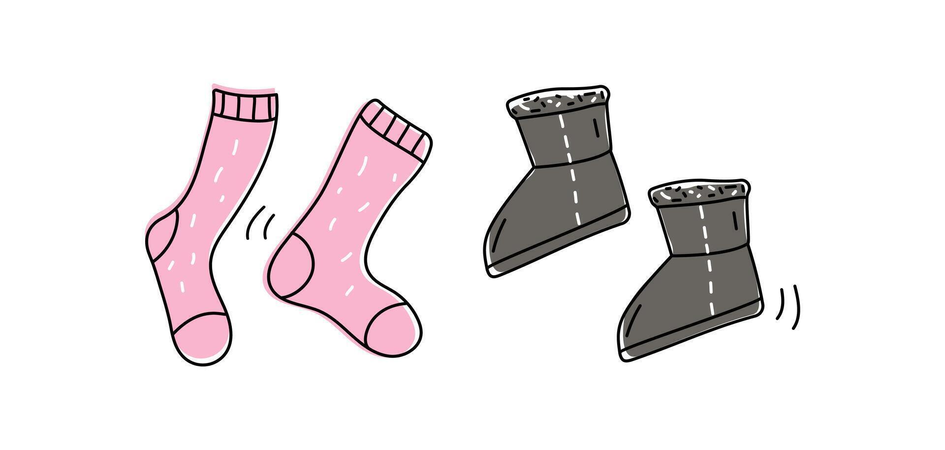 Knitted socks and warm shoes. Collection of cozy clothes and shoes. Cold season, autumn, winter. Drawing, doodle, sketch. vector