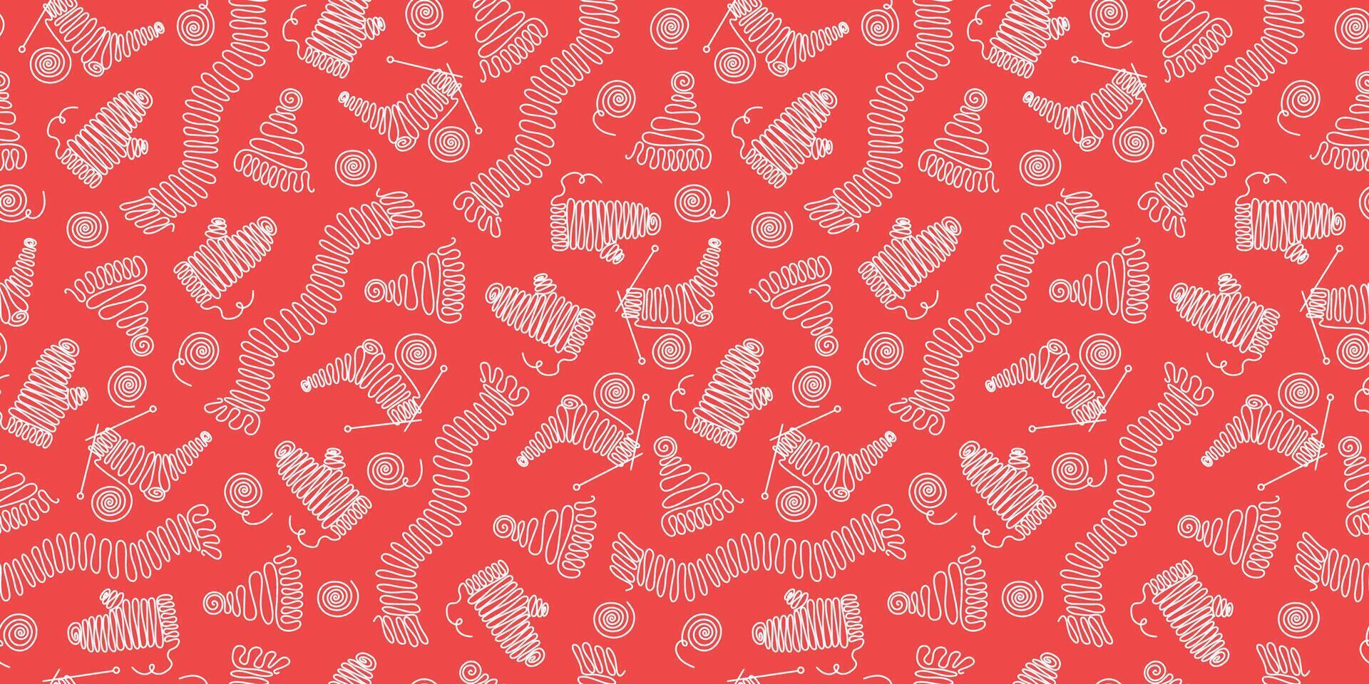 Pattern Threads, knitting needles. Needlework, line art, drawing. Knitting, clothes. Skeins of wool. Knitted hat, socks, mittens, seamless background. vector