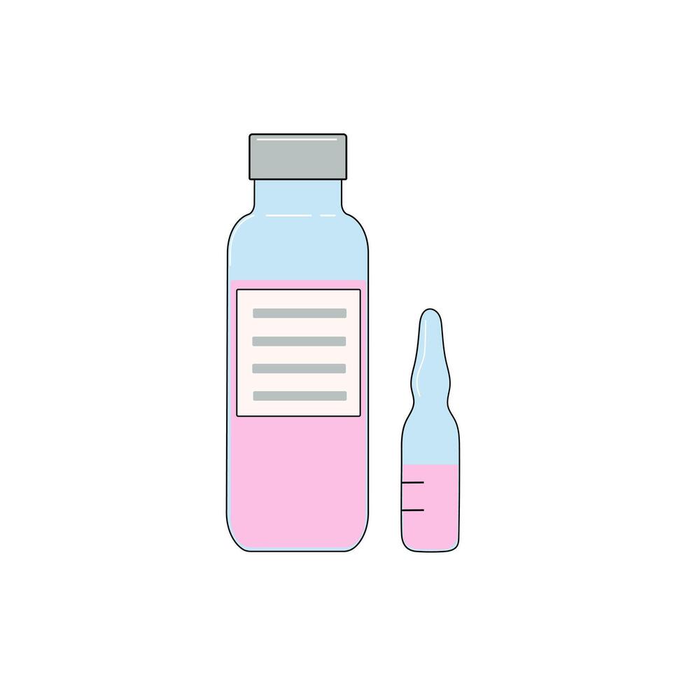 Bottle and ampoule with medicines, cosmetics, vaccine. Healthcare, medical diagnostics, business, doodle illustration, flat style. Vaccination, treatment, care concept, injections. vector