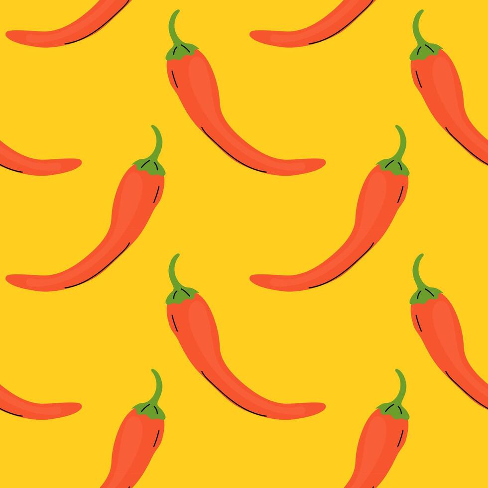Bright red chili peppers on a vibrant yellow background create a lively pattern design vector
