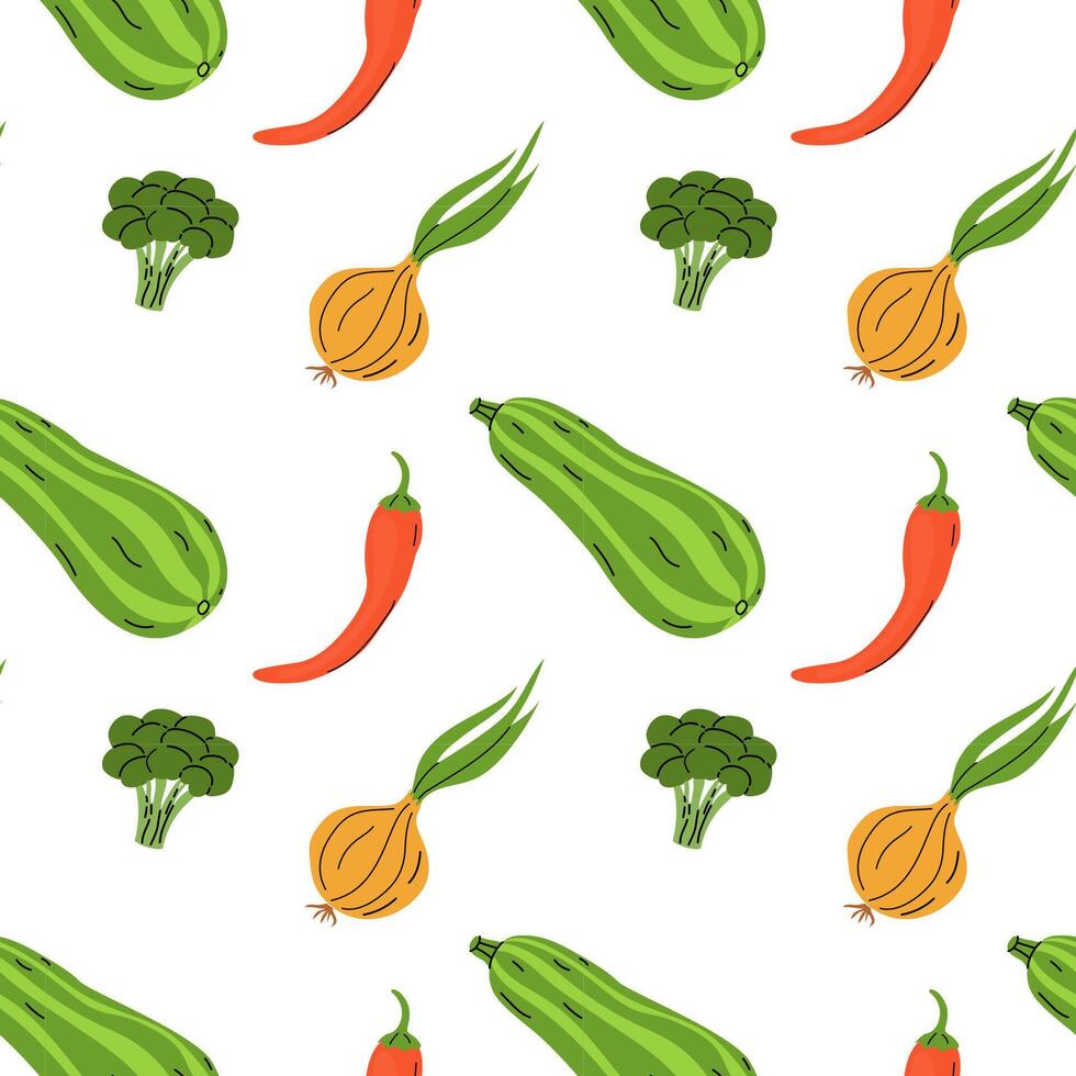 Colorful pattern of vegetables including zucchini, broccoli, and onions on a white background vector