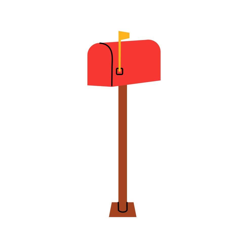 Bright red mailbox on a simple wooden post in a residential area during daylight hours vector