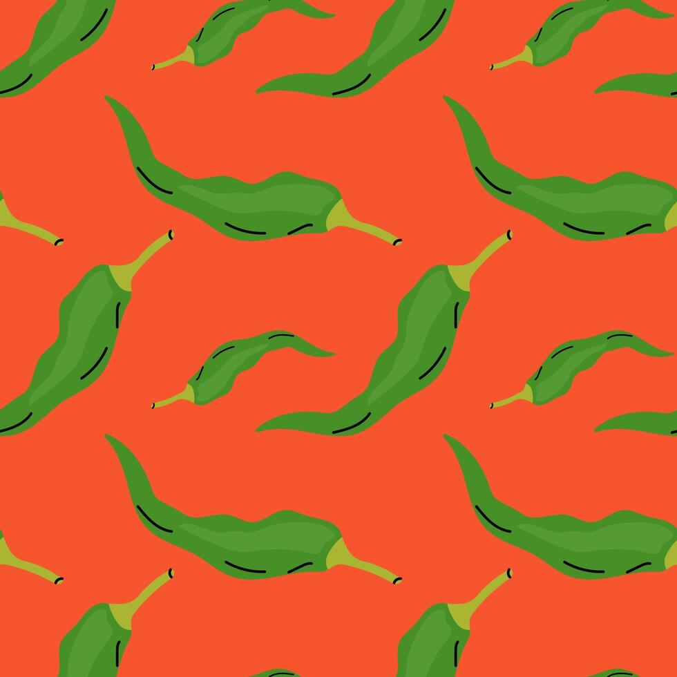 Colorful pattern of green chilies on a vibrant orange background in a playful design vector