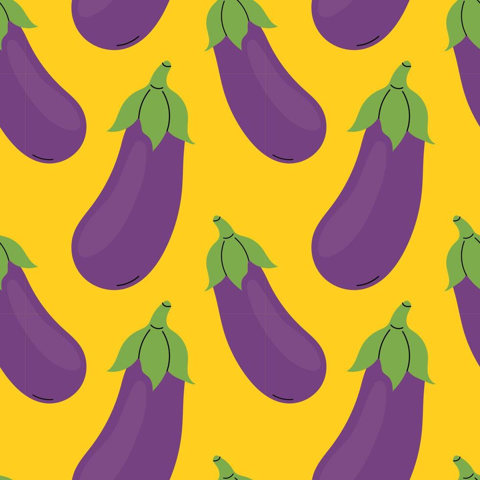 Colorful pattern featuring fresh eggplants on a bright yellow background vector