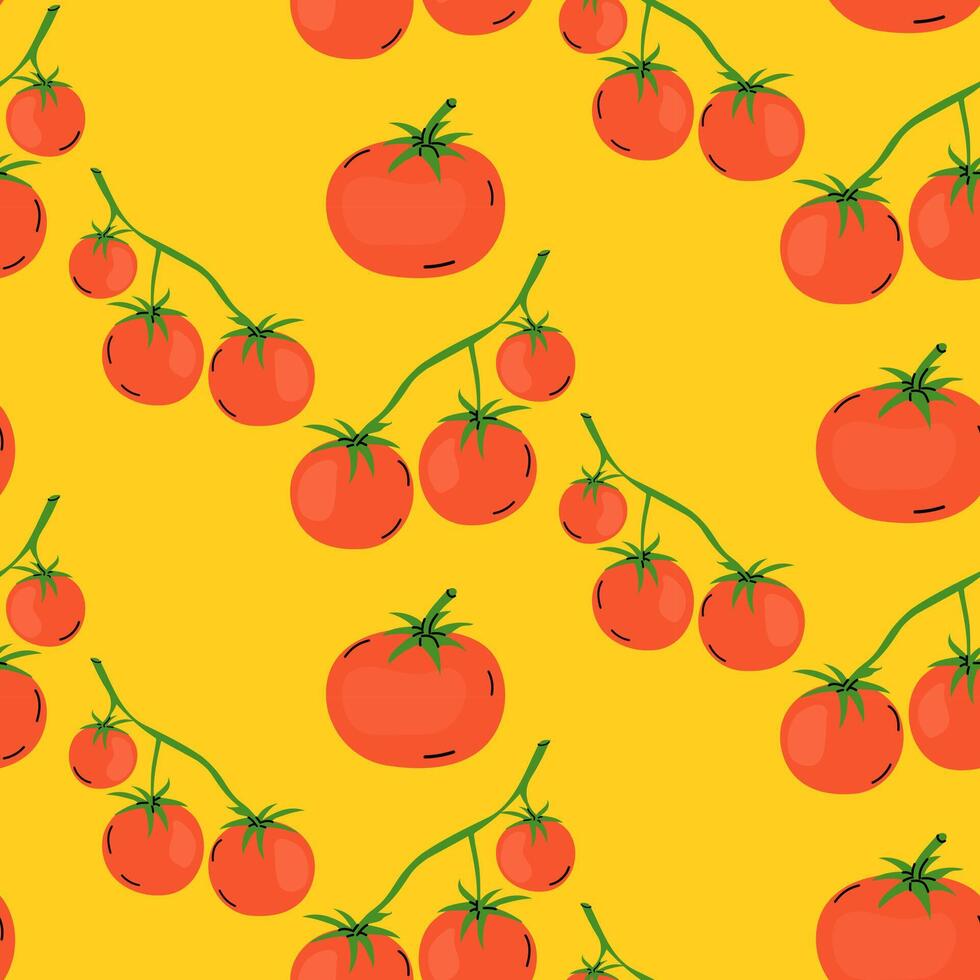 Bright red tomatoes on green vines against a cheerful yellow background in a whimsical design vector