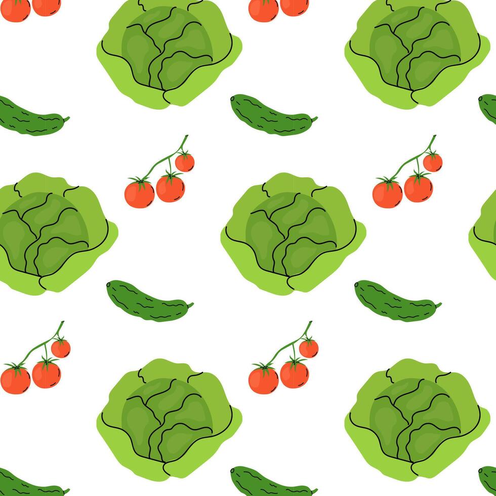Colorful pattern of lettuce, cucumbers, and tomatoes on a white background for design use vector