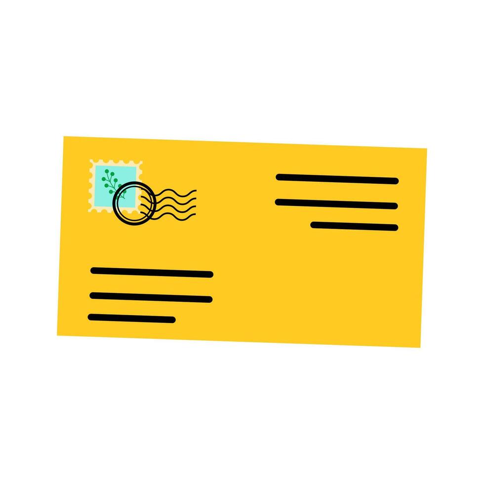 A bright yellow envelope featuring a postage stamp and whimsical text lines for mailing letters vector