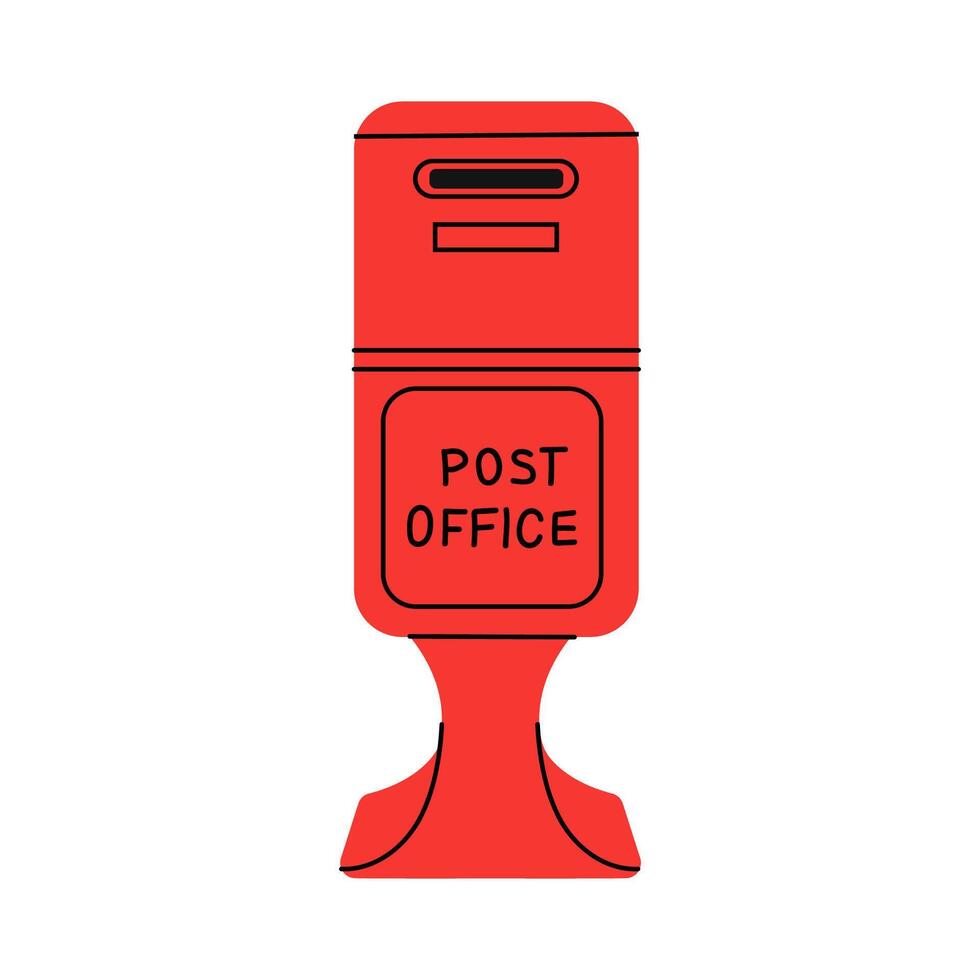 Bright red post office mailbox standing alone on a sidewalk in an urban area during daytime vector