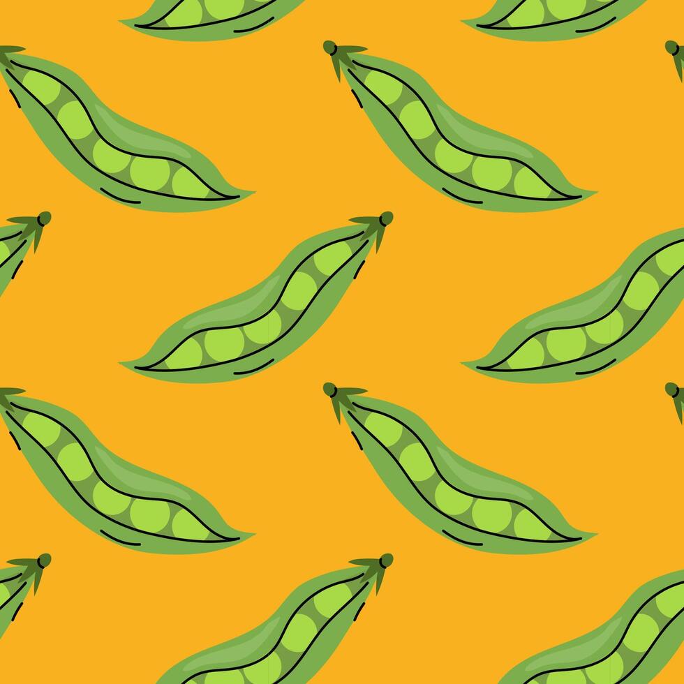 Bright yellow background featuring a repeating pattern of green pea pods and peas vector