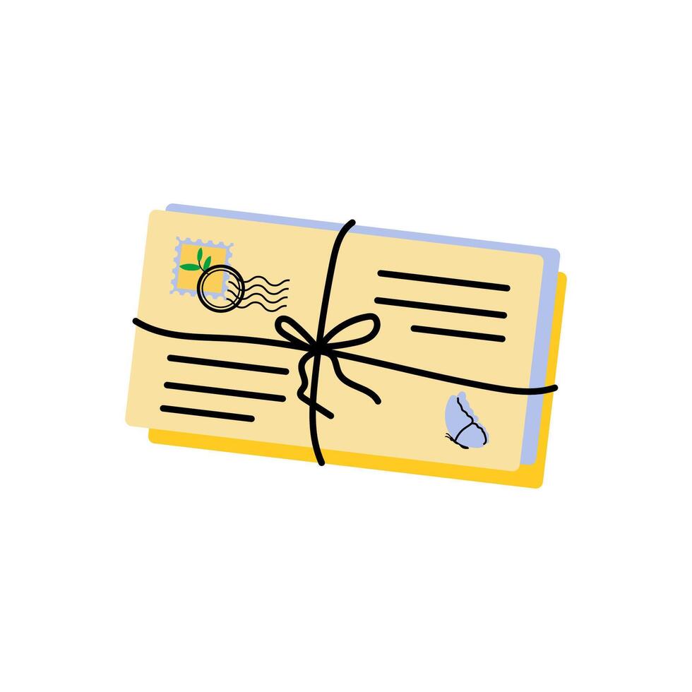 A bundle of colorful postcards tied with twine ready for mailing vector