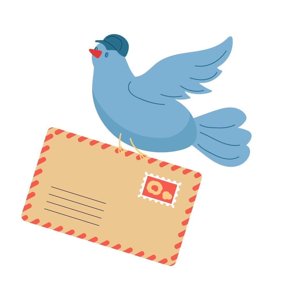 A cheerful blue bird delivers a letter with a postmark in a whimsical illustration style vector
