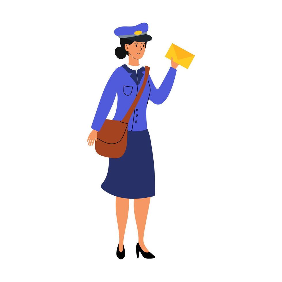 Postal worker delivering mail in a blue uniform while holding an envelope in a cheerful manner vector