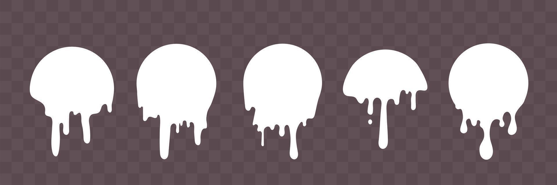 Milk circle melt drops. Paint drip sticker set. Label liquid shapes vector