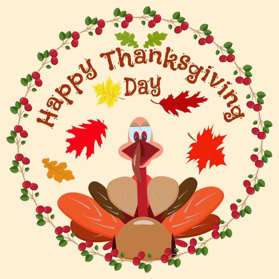 Cute Thanksgiving Turkey in Cranberries Frame Greeting Card vector