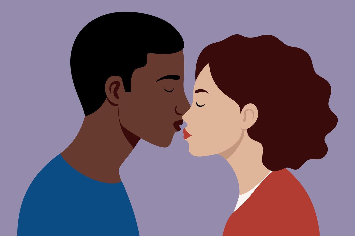 Interracial couple expressing their affection towards each other through tender kiss. vector