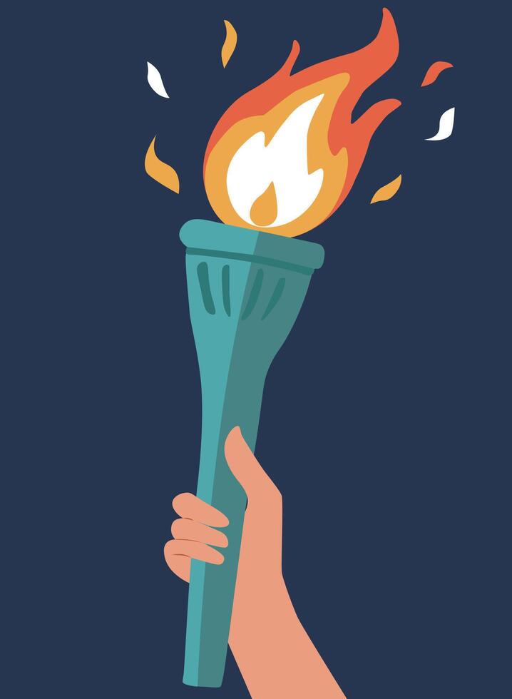 Human hand holding olympic torch with fire flames vector