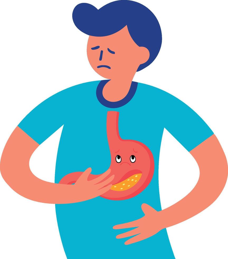 Young man suffering from stomach pain. Symptoms of gastritis. Flat illustration vector