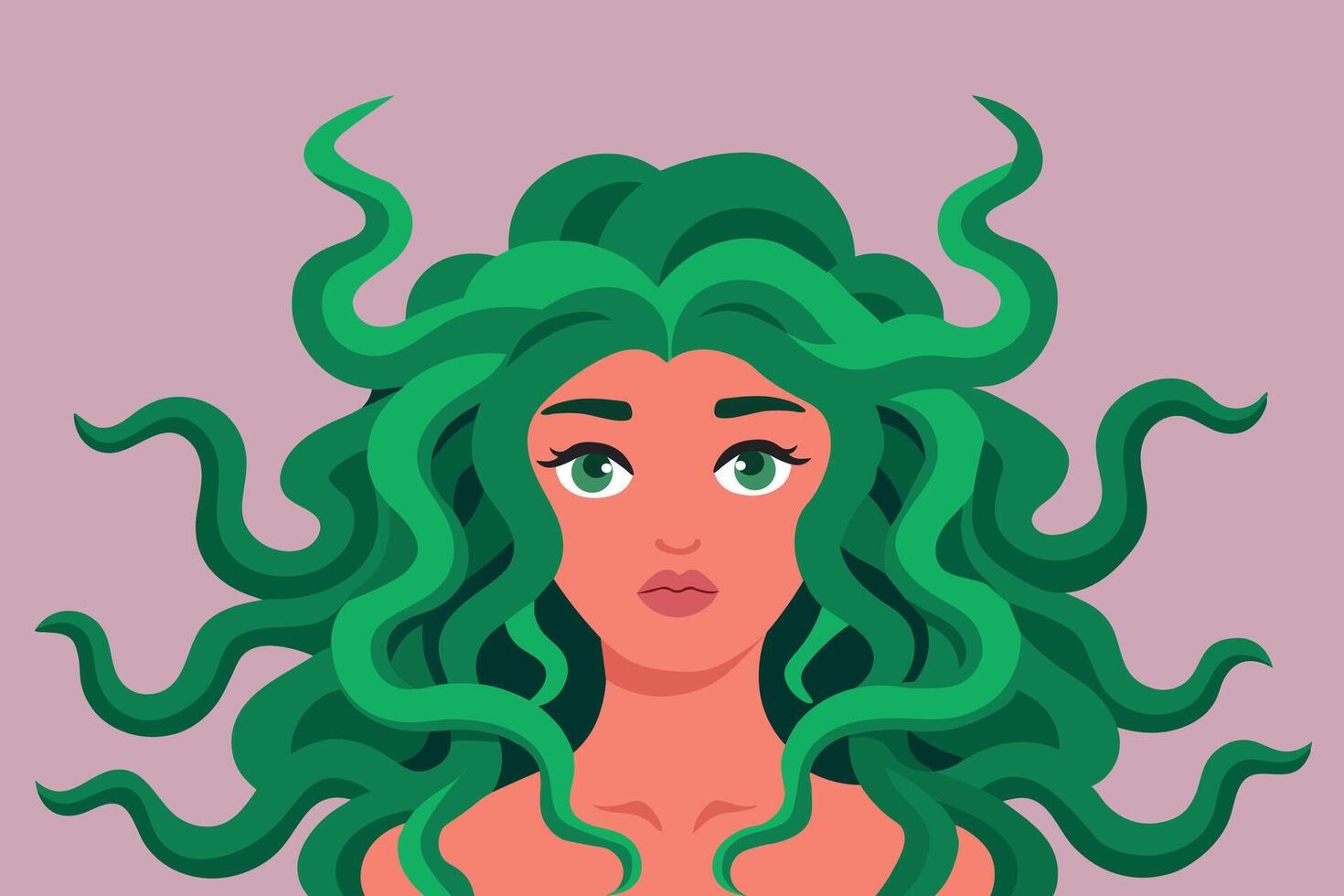 Gorgon medusa with snake green hair. Greek mythology concept art vector