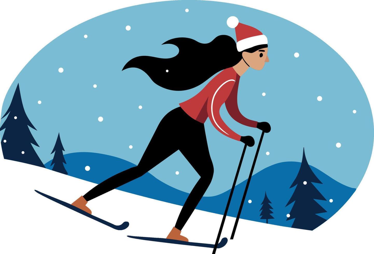 Cross country skier on snowy trail. Skiing concept. Winter adventure, mountain slope, outdoor sport. vector