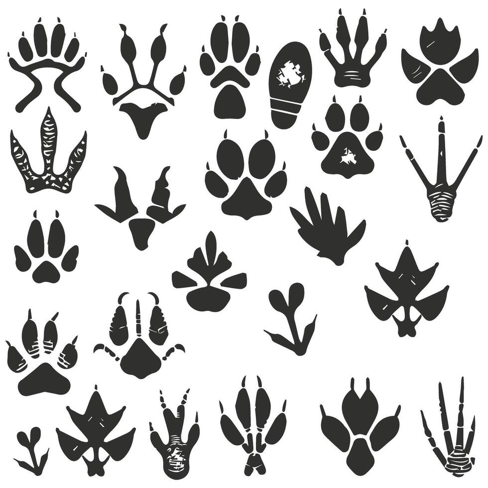 Big monochrome set of different animals footprint. vector
