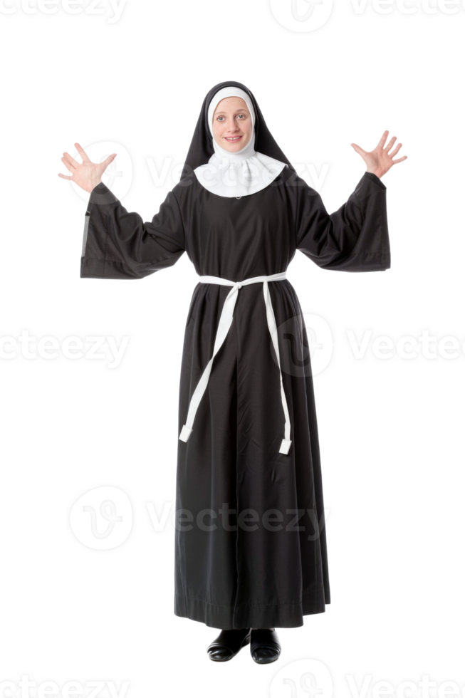 A nun in a black costume with her arms outstretched png