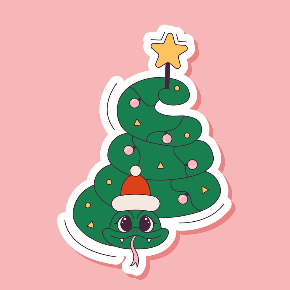 Chinese new year 2025 sticker with cute snake in xmas hat . Animal zodiac cartoon character. A snake in the shape of a Christmas tree and holding a star with its tail. Illustration vector