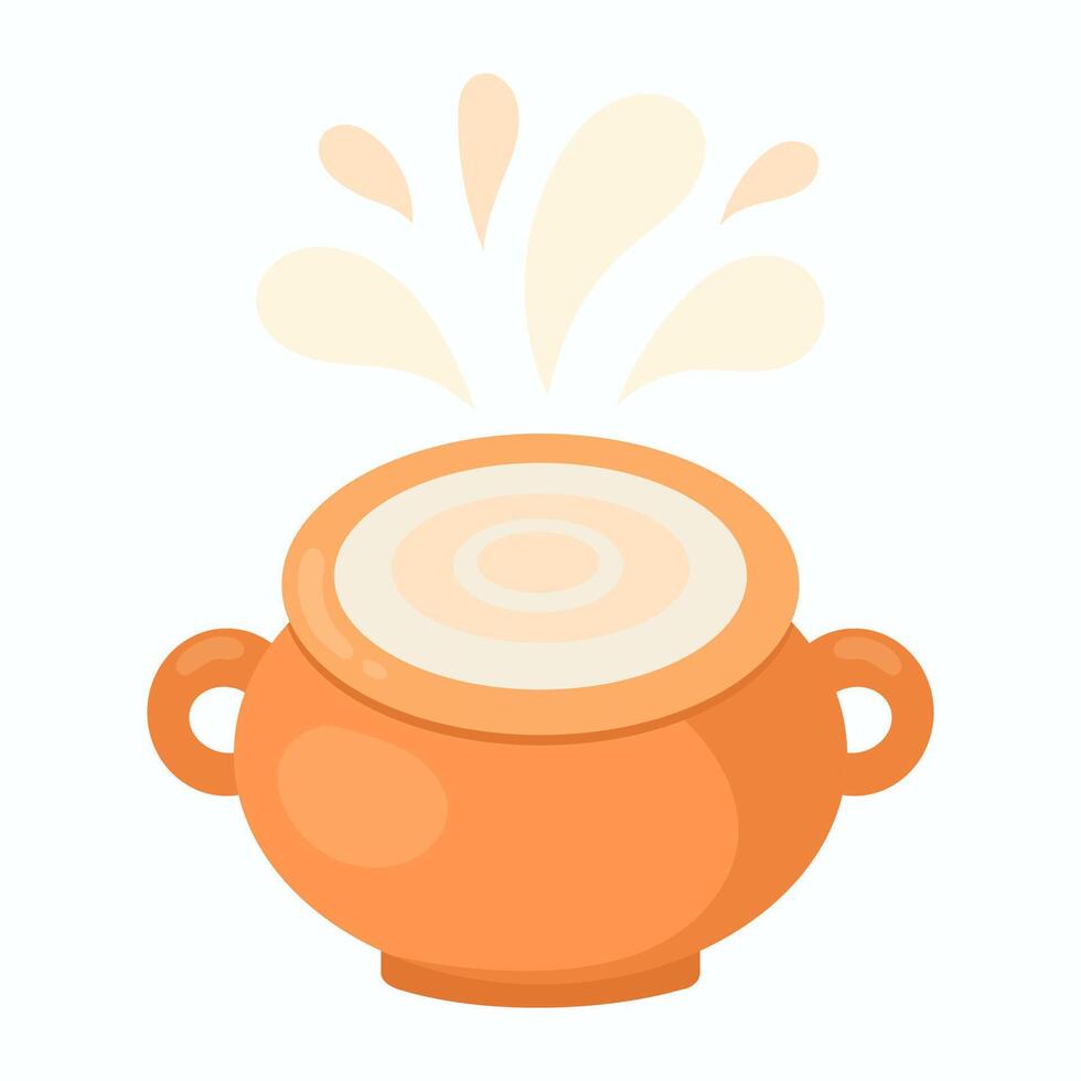 Dairy product in a clay pot. Milk splashes. vector