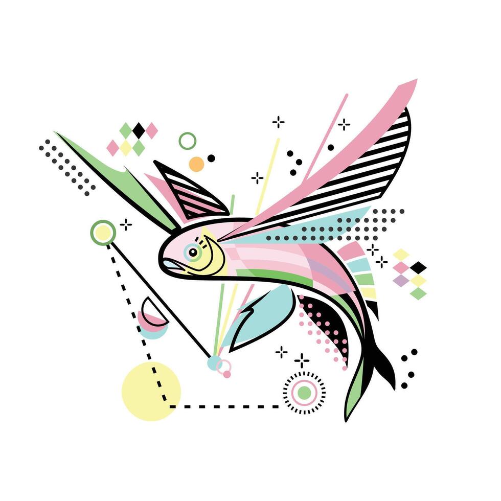 flying fish abstract memphis design vector