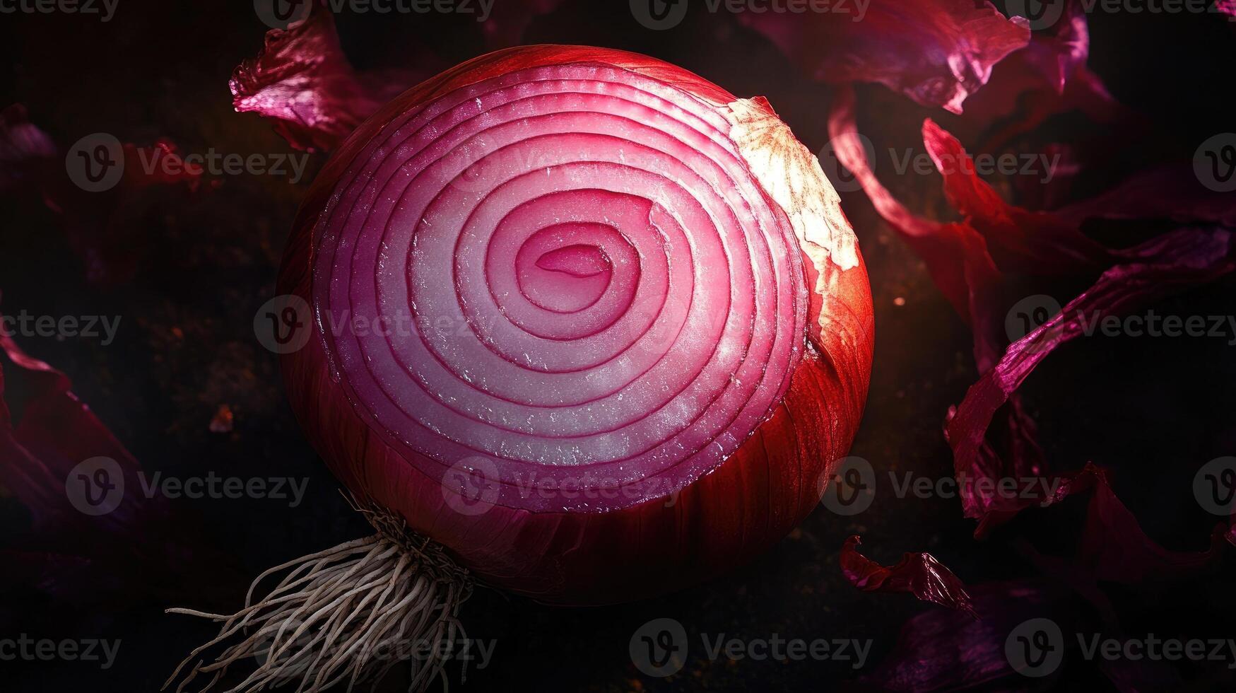 A Close-Up of a Red Onion with Its Roots Visible photo