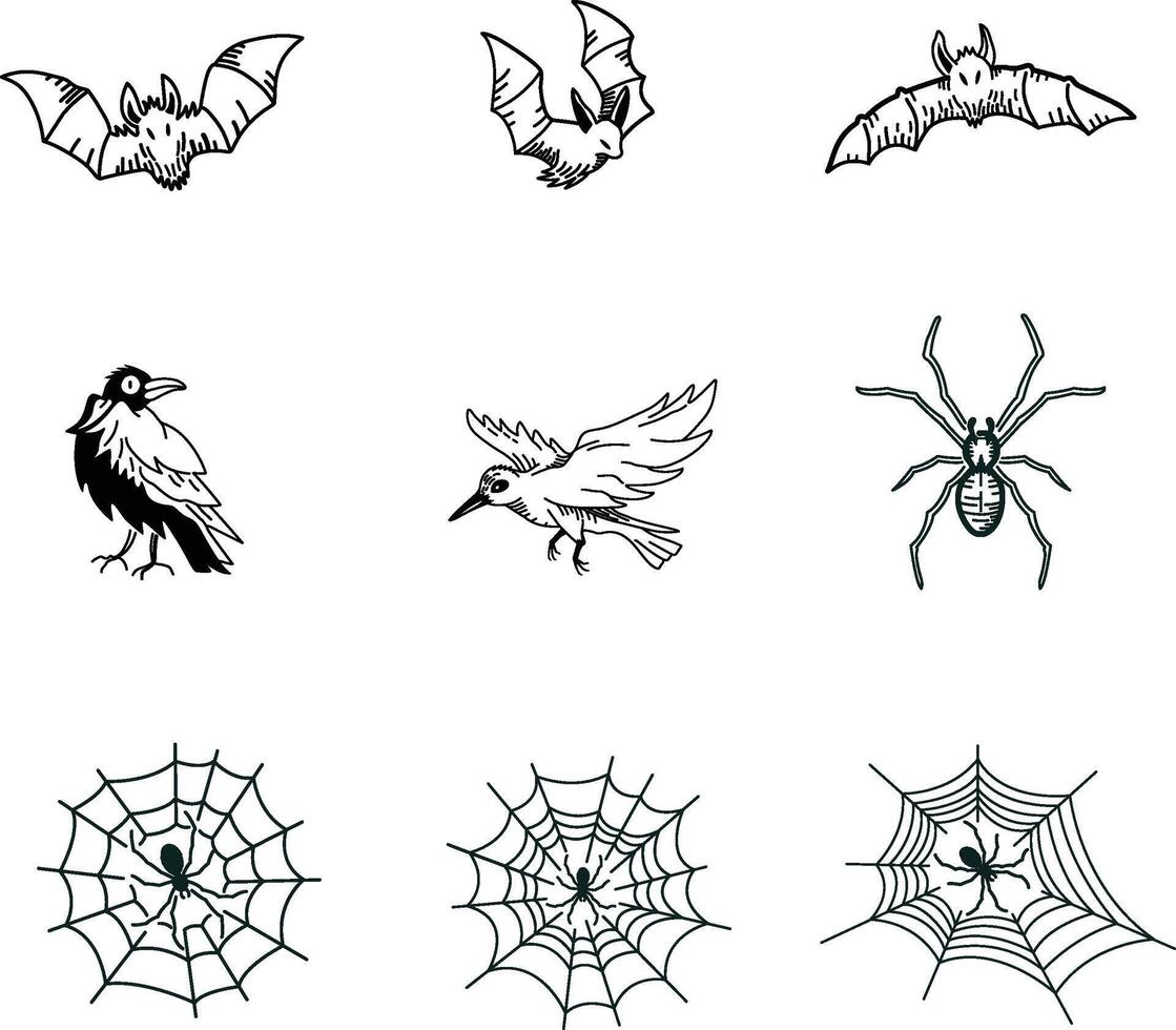 Bundle of Bats, Crow and Spiders Illustration, Halloween Witchcraft Elements, Outline Handdrawn Style vector