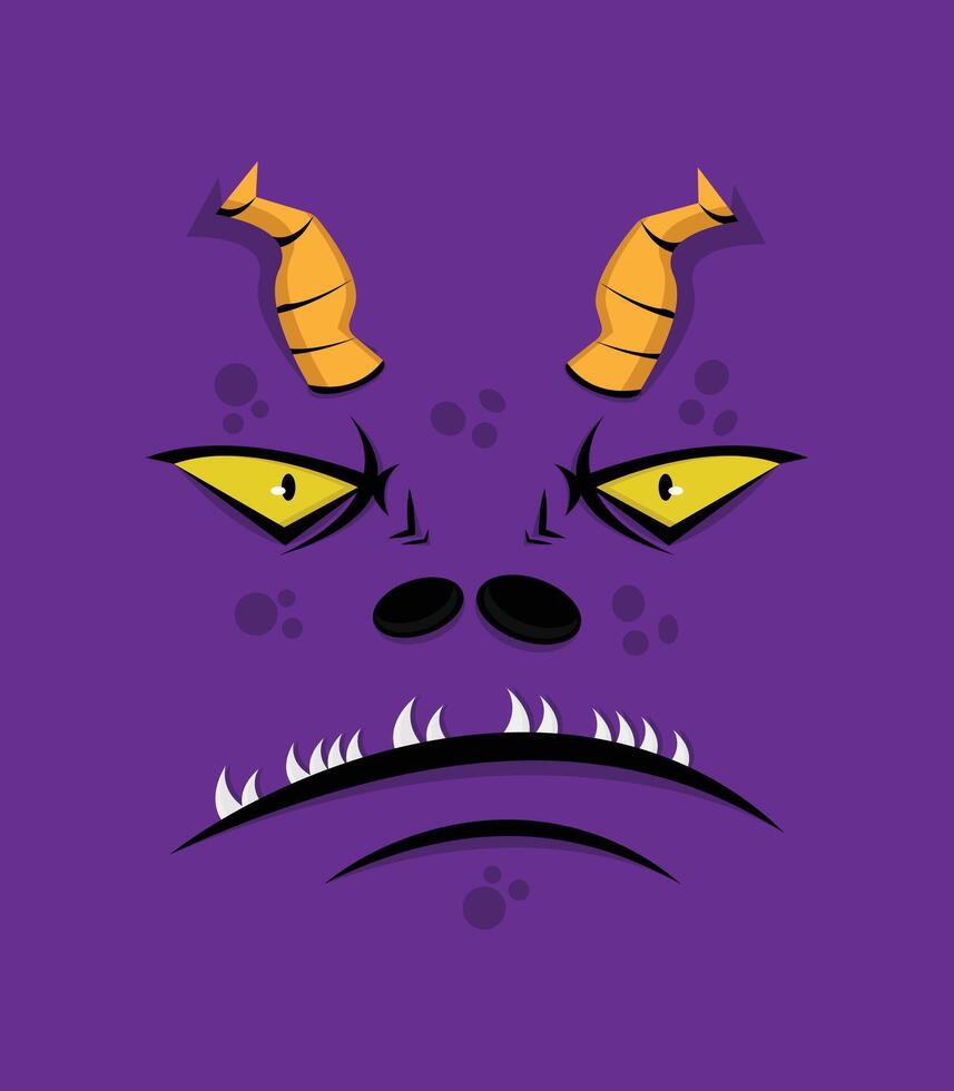 A purple monster face with horns and yellow eyes vector
