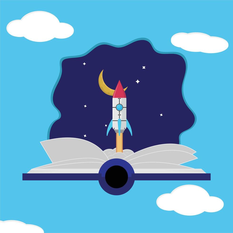 An open book with a rocket flying out of it vector