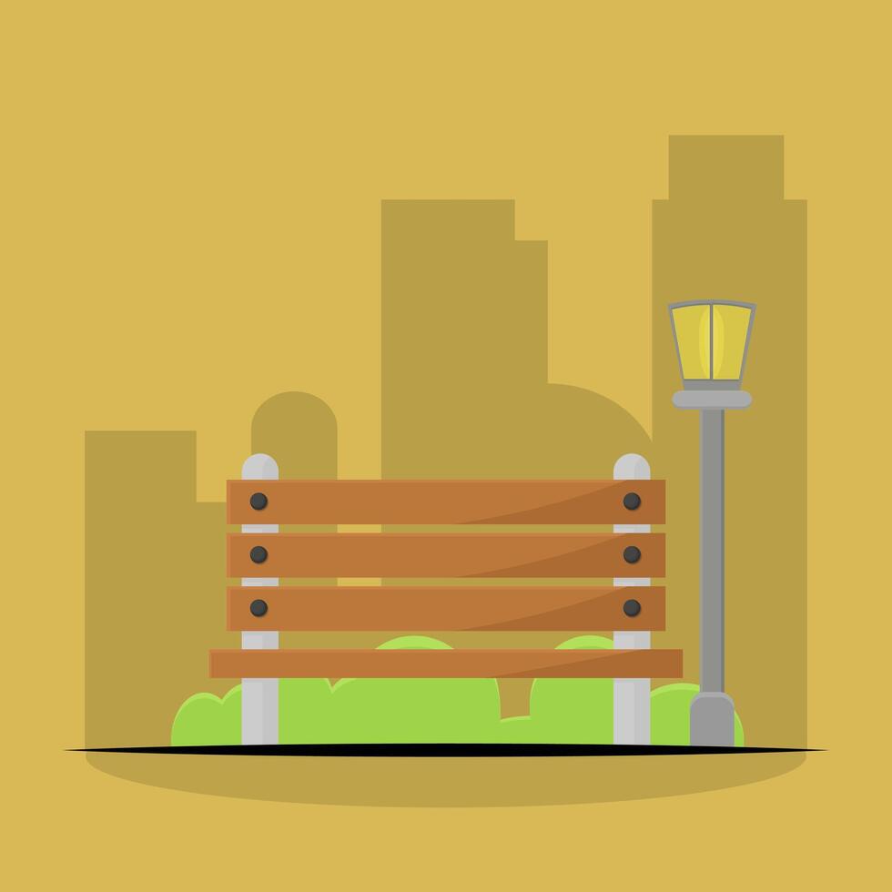 An illustration of a bench in front of a city vector