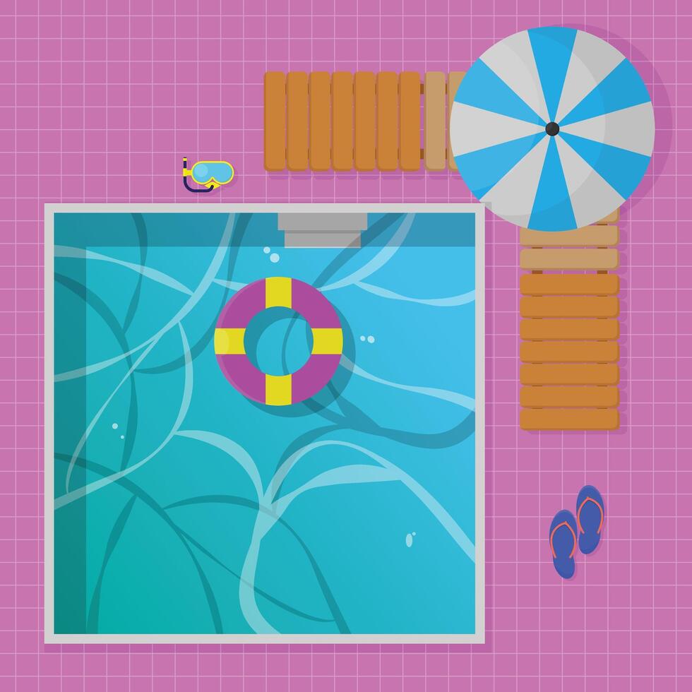 Top view of swimming pool with lifeguard, umbrella and flip flops vector