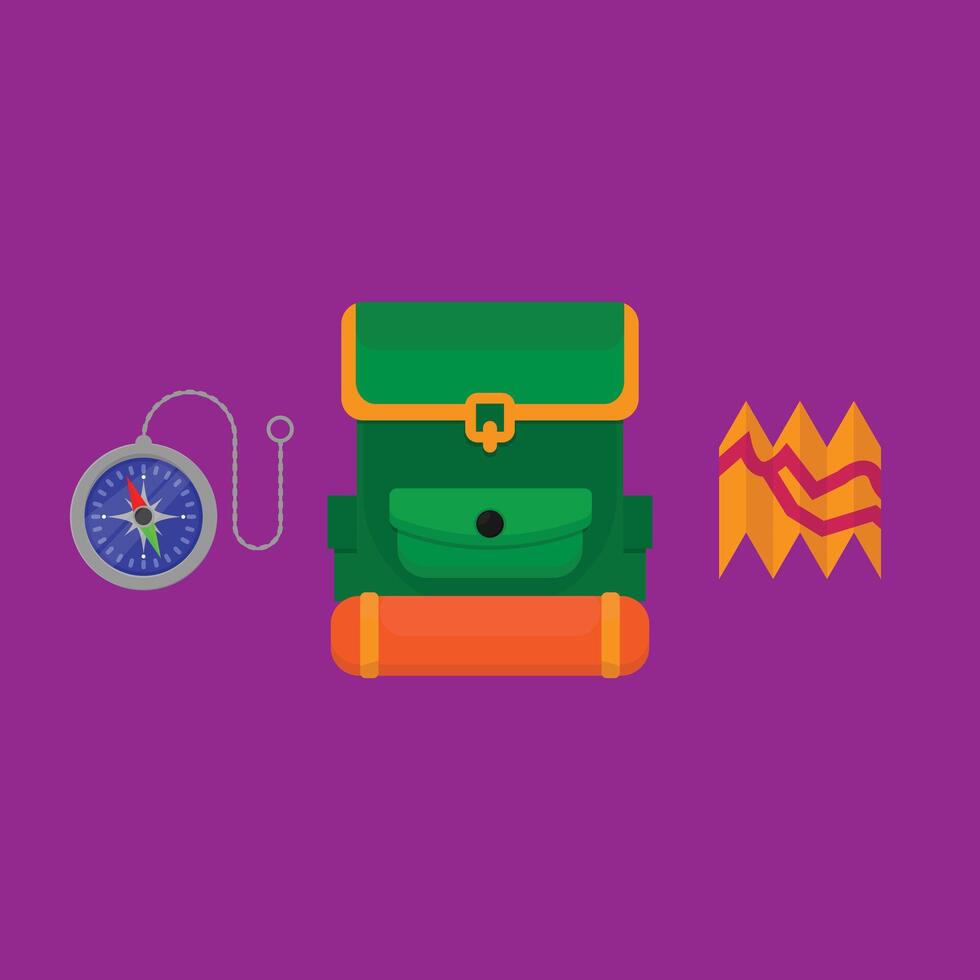 A backpack, compass, and other items on a purple background vector