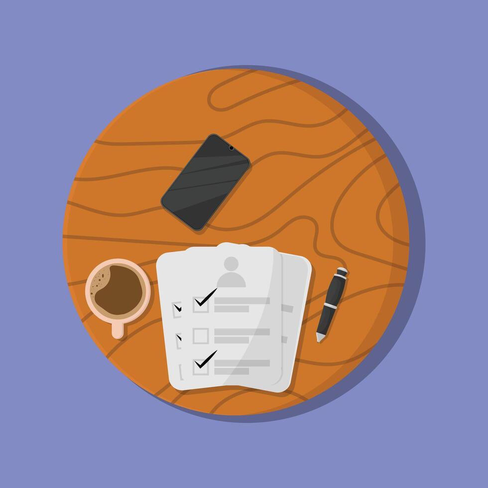 A coffee cup, pen and paper on a wooden table vector