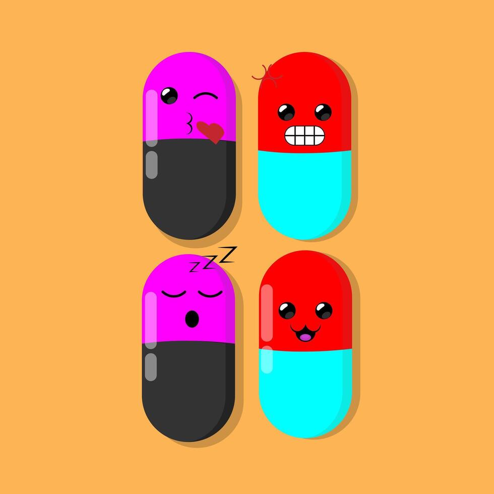 Four pills with different faces and expressions vector
