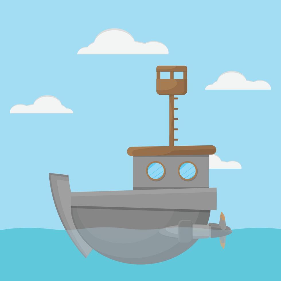 A cartoon boat floating in the ocean with a propeller vector