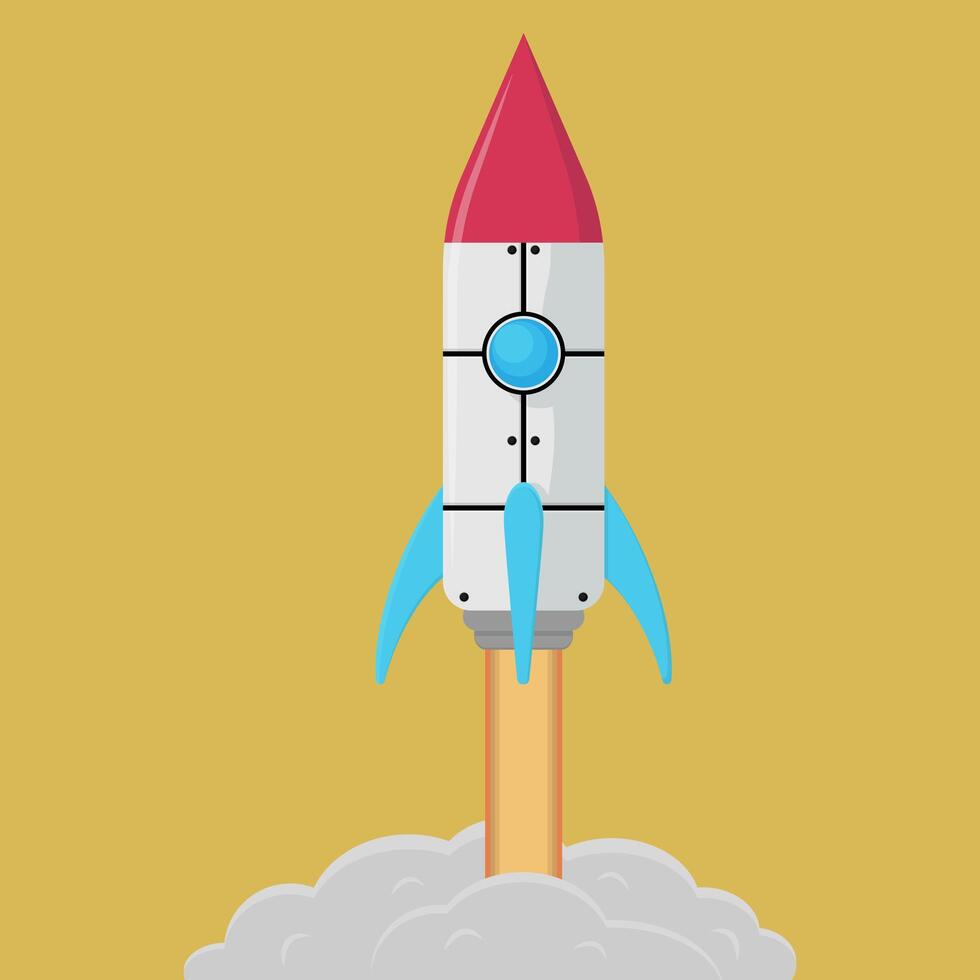 A rocket is flying into the air on a yellow background vector