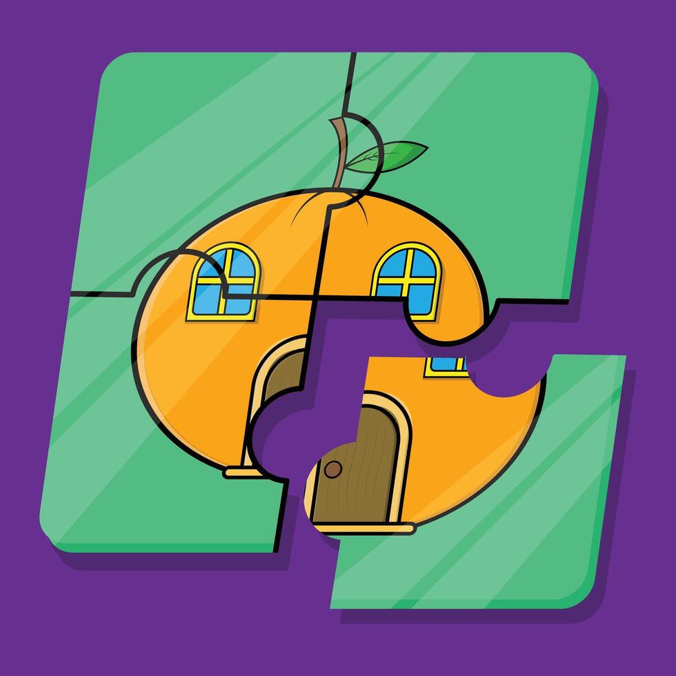 A puzzle piece with a house and a tree vector
