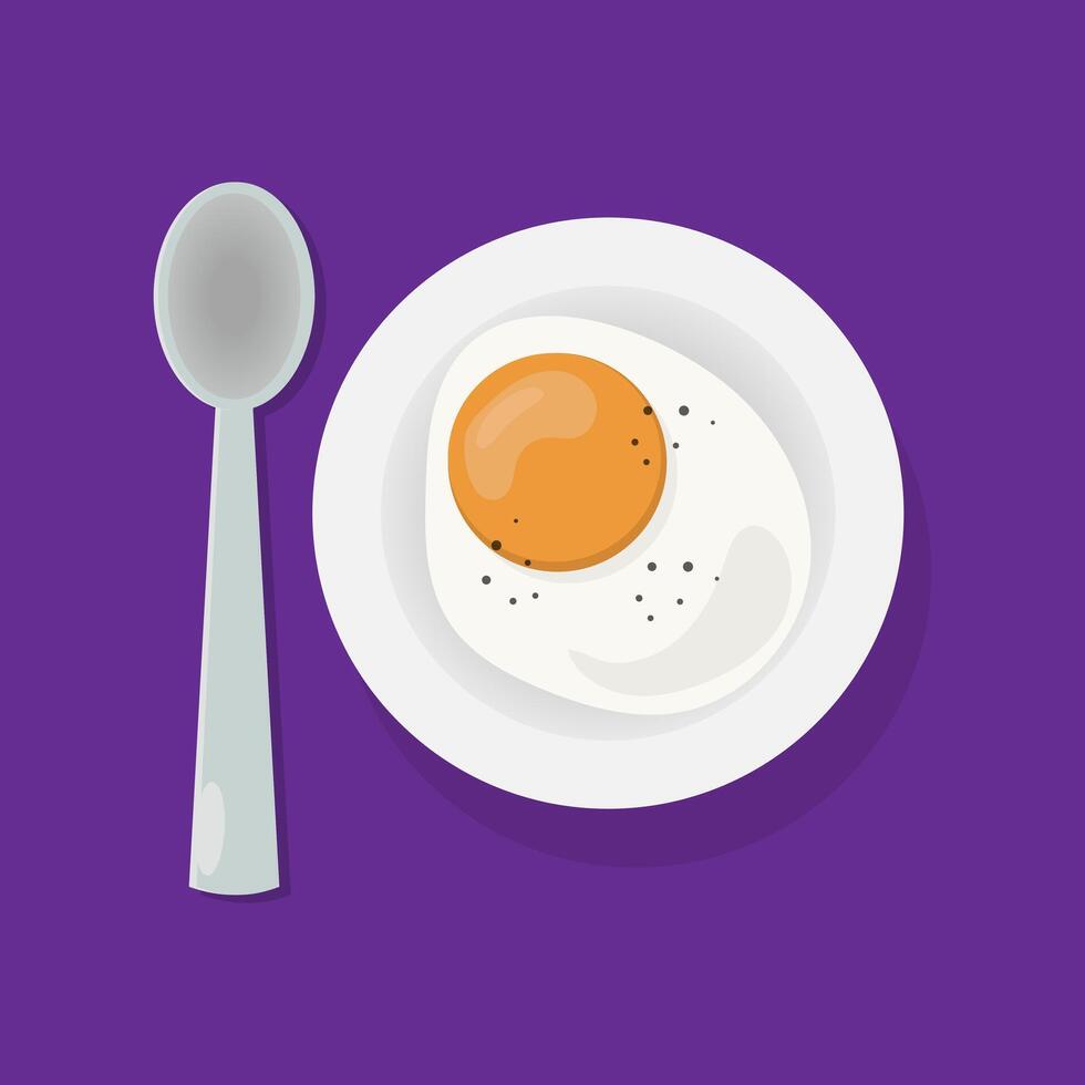 An egg and spoon on a plate with a purple background vector
