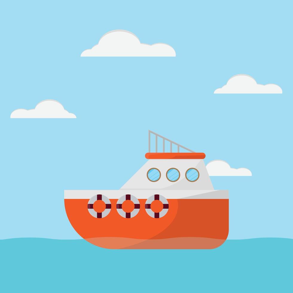 An orange boat floating in the ocean with life preservers vector