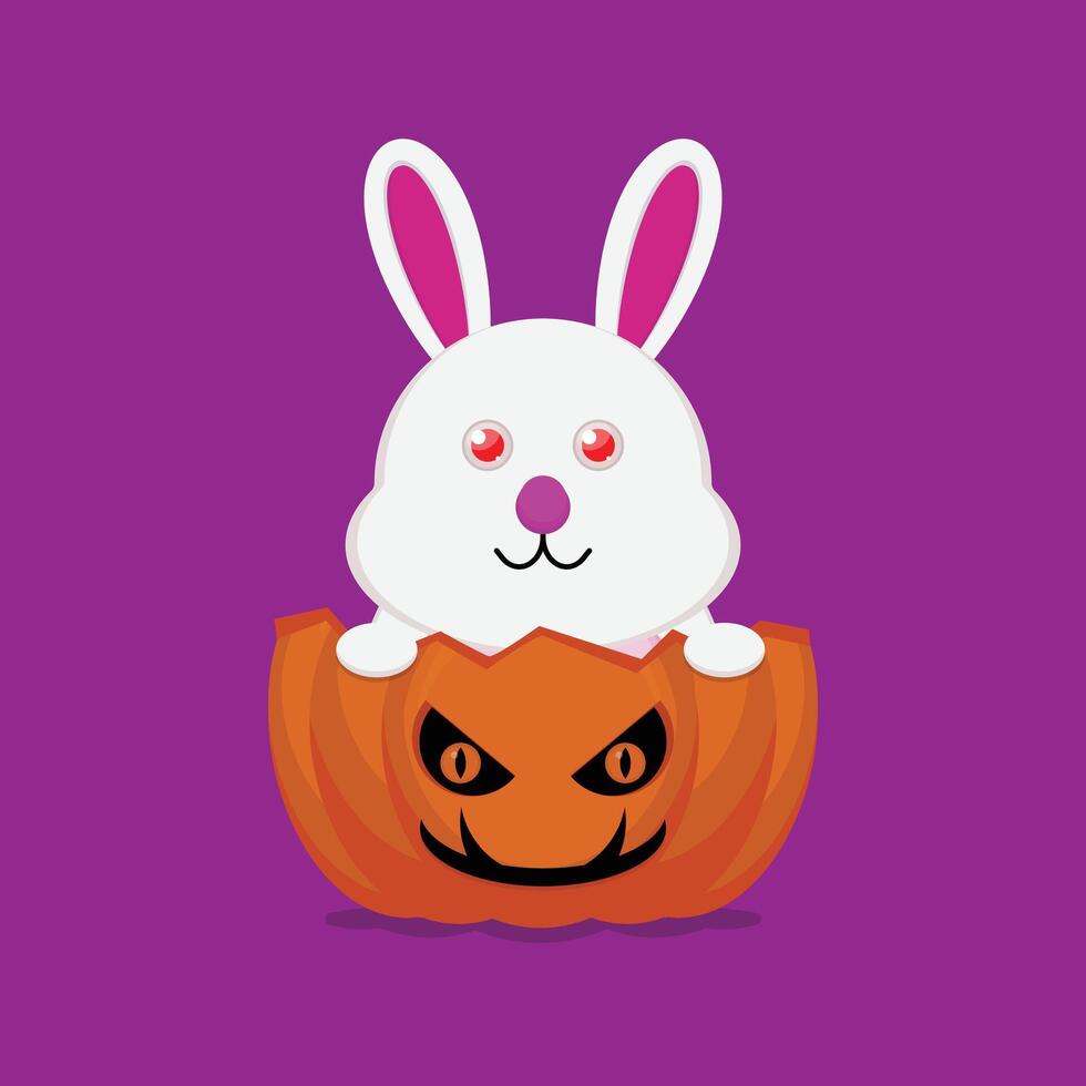 A white rabbit sitting in a pumpkin on a purple background vector