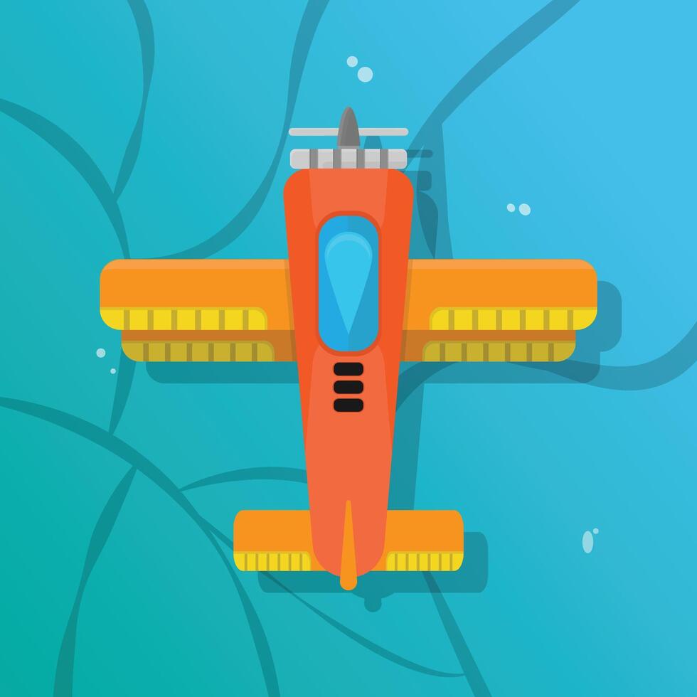 An orange airplane flying over the water vector